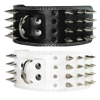 Hunde Lederhalsband mit Spitzen Nieten 7,5cm Breit Weiß M 45-53cm